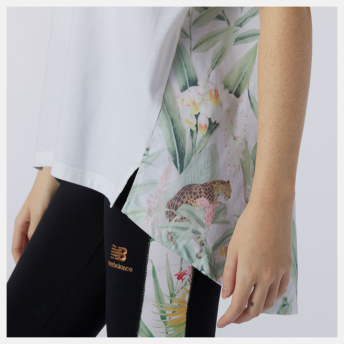 White NB Essentials Botanical Knit Woven Mix Tee | New Balance Clothing