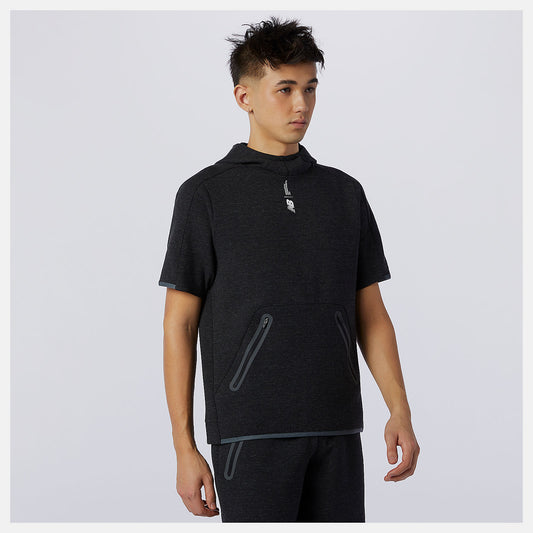 Black Heather Fortitech Fleece Short Sleeve Hoodie | New Balance Clothing