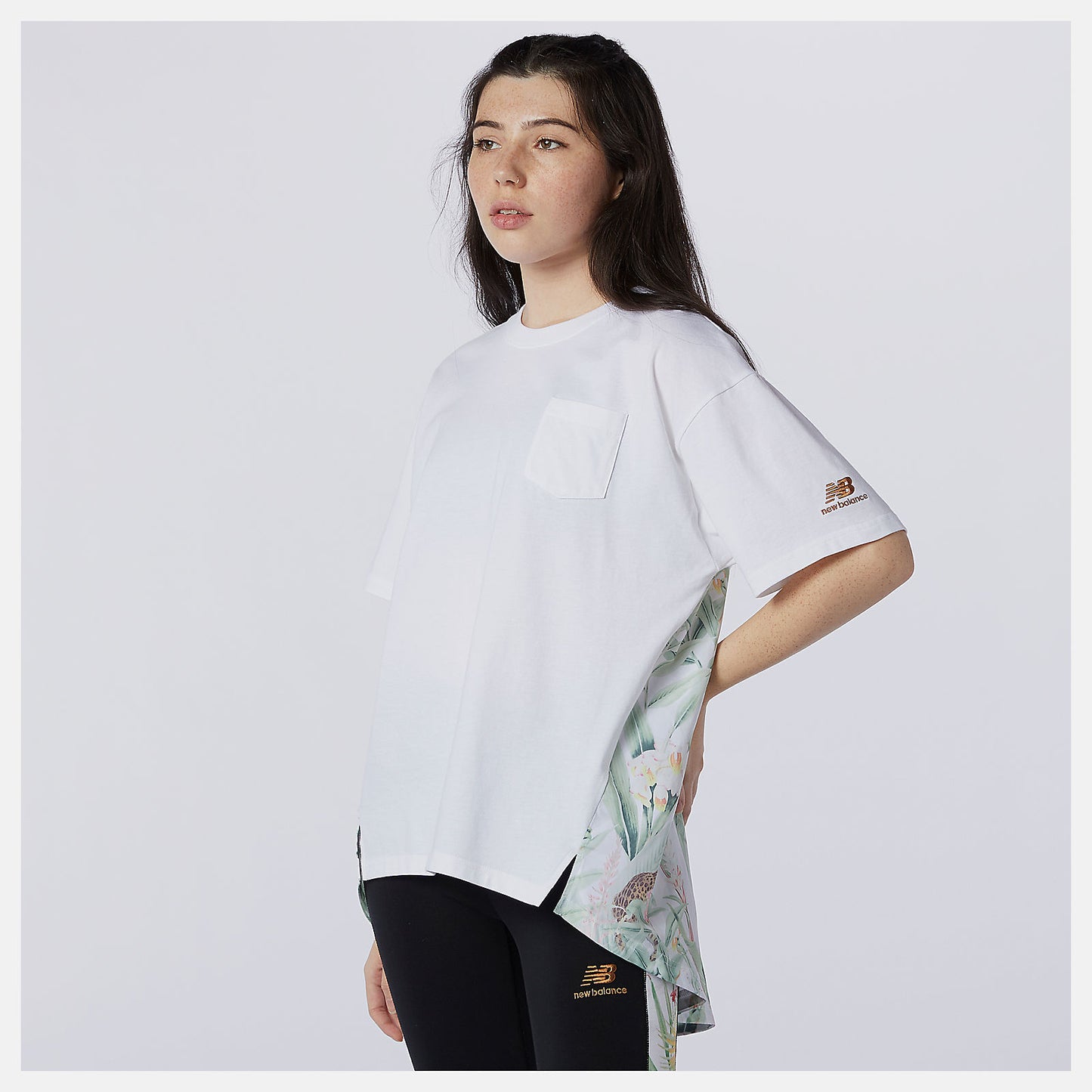 White NB Essentials Botanical Knit Woven Mix Tee | New Balance Clothing