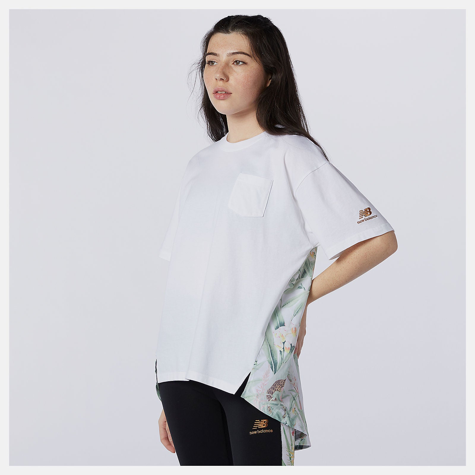 White NB Essentials Botanical Knit Woven Mix Tee | New Balance Clothing